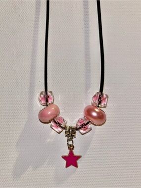 Pink Enamel Star Pendant Necklace w/Pink Faceted & Shimmery Glass Beads